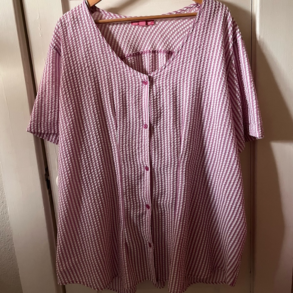 Lavender and White Seersucker Button-Up Blouse